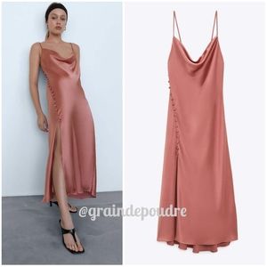 Rare! Zara Dusty Pink Satin Side Button Slit Lingerie Slip Dress XL